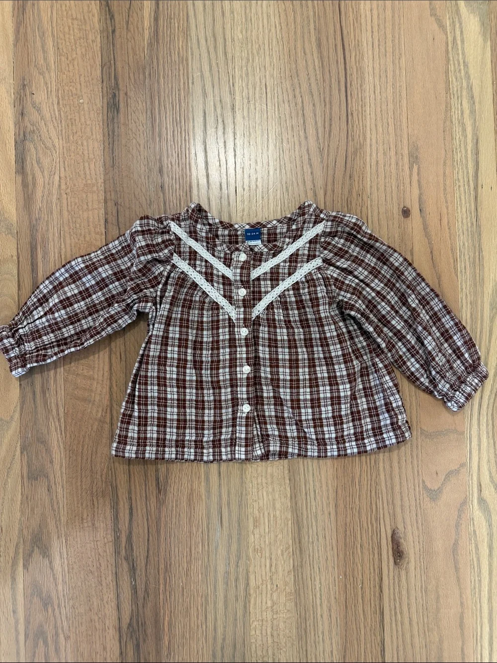 Old Navy Girls' Brown 100% Cotton Plaid Button-Front Top with Lace Trim 24m NWOT